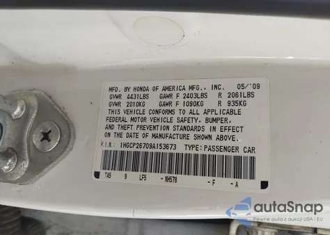 2009 Honda Accord 2.4 Ex z USA, uszkodzony, nr VIN 1HGCP26709A153673